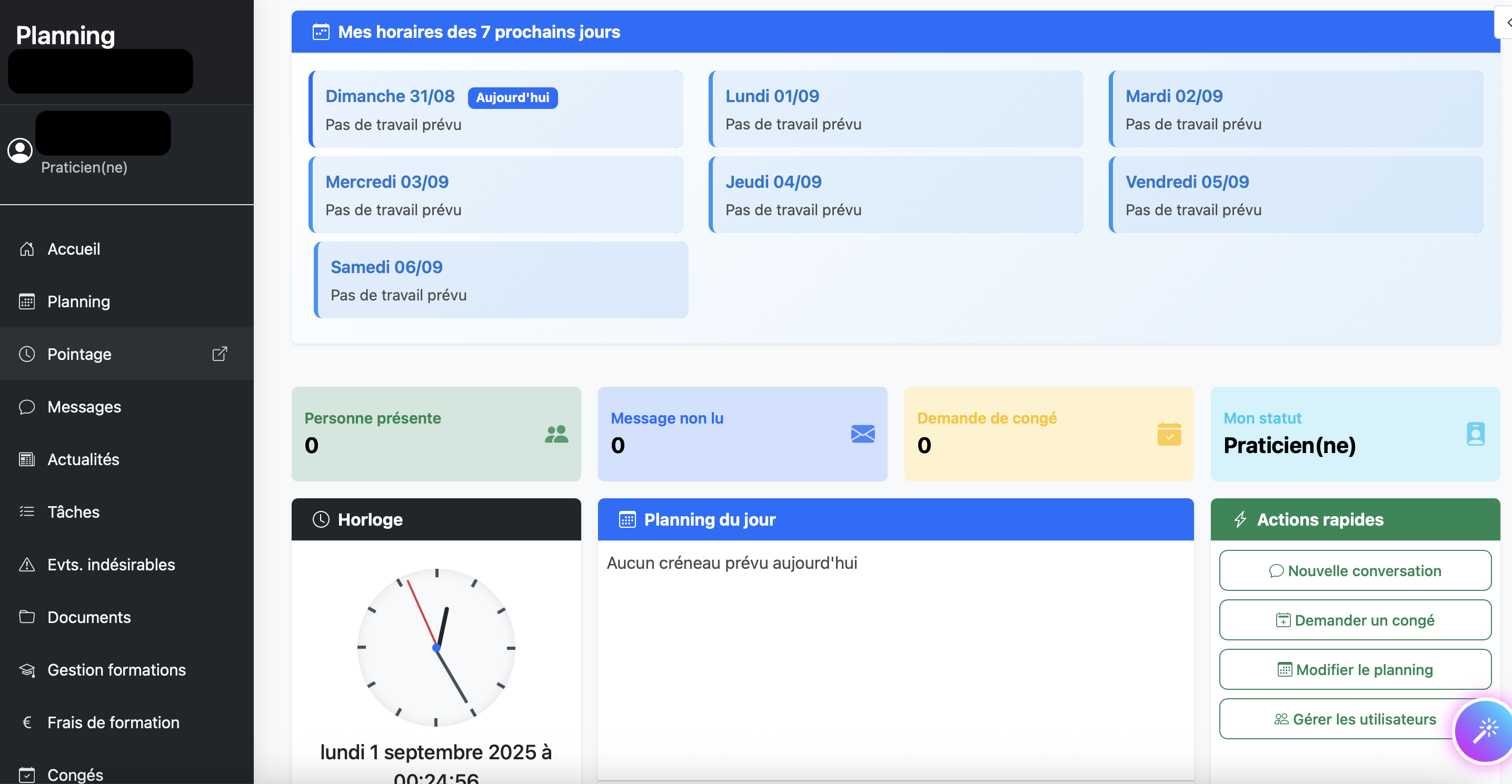 Tableau de bord Planning RH : horaires de la semaine, congés, messages et actions rapides